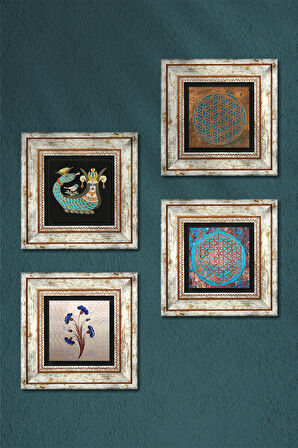 Ebru Sanatı, Yaşam Çiçeği, Şahmeran Taş Duvar Tablosu Çerçeveli Duvar Dekoru 4 Parça Tablo Seti Wall Art