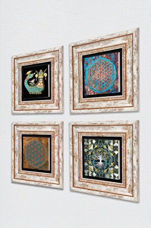Hayat Ağacı, Yaşam Çiçeği, Şahmeran Taş Duvar Tablosu Çerçeveli Duvar Dekoru 4 Parça Tablo Seti Wall Art