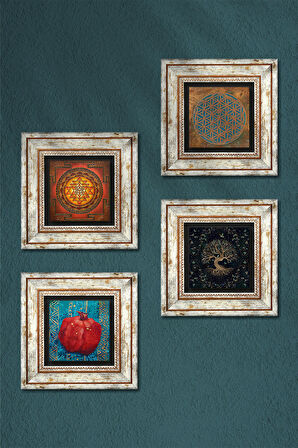 Yaşam Çiçeği, Sri Yantra, Hayat Ağacı, Nar Taş Duvar Tablosu Çerçeveli Duvar Dekoru 4 Parça Tablo Seti Wall Art