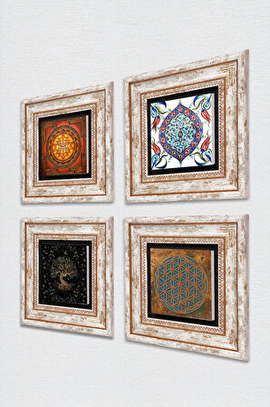 Yaşam Çiçeği, Sri Yantra, Hayat Ağacı, Çini Sanatı Taş Duvar Tablosu Çerçeveli Duvar Dekoru 4 Parça Tablo Seti Wall Art