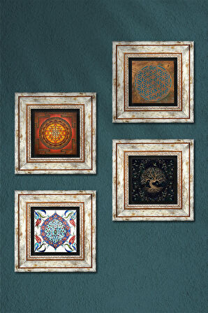Yaşam Çiçeği, Sri Yantra, Hayat Ağacı, Çini Sanatı Taş Duvar Tablosu Çerçeveli Duvar Dekoru 4 Parça Tablo Seti Wall Art