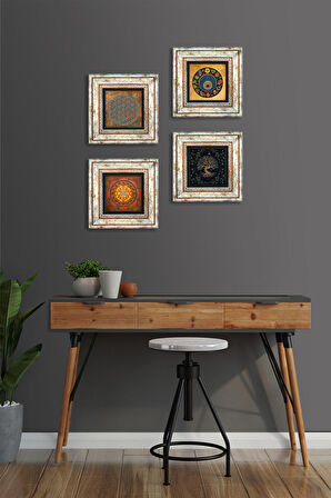 Yaşam Çiçeği, Sri Yantra, Hayat Ağacı, Nazar Taş Duvar Tablosu Çerçeveli Duvar Dekoru 4 Parça Tablo Seti Wall Art