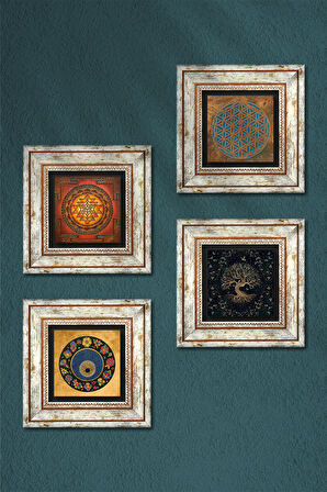 Yaşam Çiçeği, Sri Yantra, Hayat Ağacı, Nazar Taş Duvar Tablosu Çerçeveli Duvar Dekoru 4 Parça Tablo Seti Wall Art