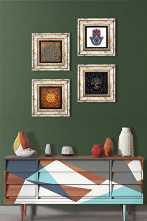 Yaşam Çiçeği, Sri Yantra, Fatma Ana Eli (Hamsa), Hayat Ağacı Taş Duvar Tablosu Çerçeveli Duvar Dekoru 4 Parça Tablo Seti Wall Art