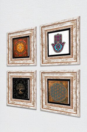 Yaşam Çiçeği, Sri Yantra, Fatma Ana Eli (Hamsa), Hayat Ağacı Taş Duvar Tablosu Çerçeveli Duvar Dekoru 4 Parça Tablo Seti Wall Art