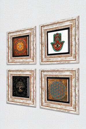 Yaşam Çiçeği, Sri Yantra, Fatma Ana Eli (Hamsa), Hayat Ağacı Taş Duvar Tablosu Çerçeveli Duvar Dekoru 4 Parça Tablo Seti Wall Art