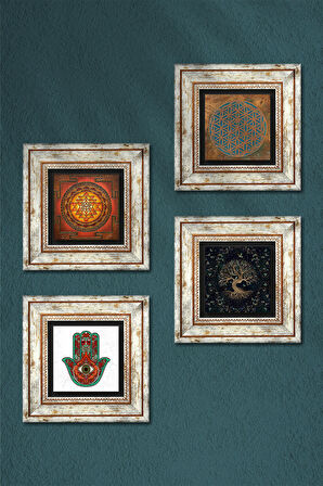 Yaşam Çiçeği, Sri Yantra, Fatma Ana Eli (Hamsa), Hayat Ağacı Taş Duvar Tablosu Çerçeveli Duvar Dekoru 4 Parça Tablo Seti Wall Art