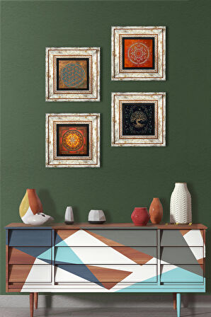 Yaşam Çiçeği, Sri Yantra, Mandala, Hayat Ağacı Taş Duvar Tablosu Çerçeveli Duvar Dekoru 4 Parça Tablo Seti Wall Art