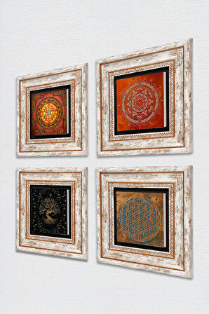 Yaşam Çiçeği, Sri Yantra, Mandala, Hayat Ağacı Taş Duvar Tablosu Çerçeveli Duvar Dekoru 4 Parça Tablo Seti Wall Art