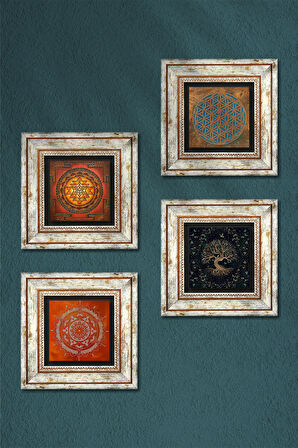 Yaşam Çiçeği, Sri Yantra, Mandala, Hayat Ağacı Taş Duvar Tablosu Çerçeveli Duvar Dekoru 4 Parça Tablo Seti Wall Art