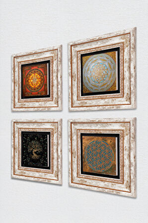 Yaşam Çiçeği, Sri Yantra, Hayat Ağacı Taş Duvar Tablosu Çerçeveli Duvar Dekoru 4 Parça Tablo Seti Wall Art