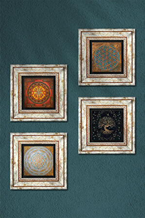 Yaşam Çiçeği, Sri Yantra, Hayat Ağacı Taş Duvar Tablosu Çerçeveli Duvar Dekoru 4 Parça Tablo Seti Wall Art