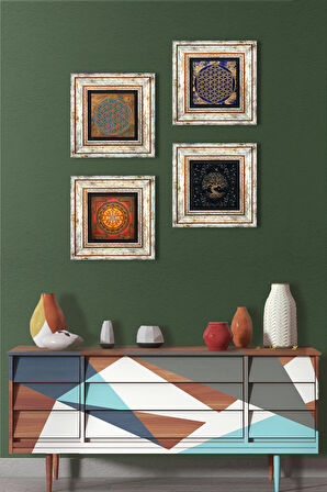 Yaşam Çiçeği, Sri Yantra, Hayat Ağacı Taş Duvar Tablosu Çerçeveli Duvar Dekoru 4 Parça Tablo Seti Wall Art