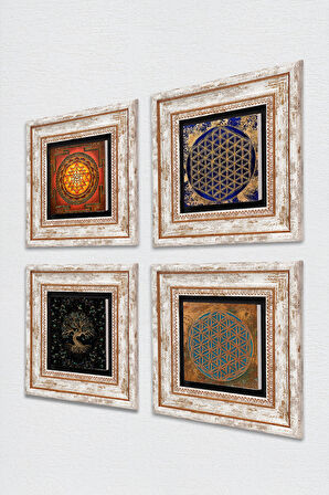 Yaşam Çiçeği, Sri Yantra, Hayat Ağacı Taş Duvar Tablosu Çerçeveli Duvar Dekoru 4 Parça Tablo Seti Wall Art