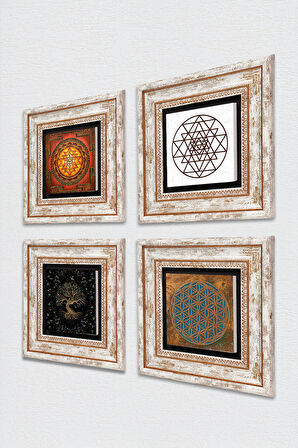 Yaşam Çiçeği, Sri Yantra, Hayat Ağacı Taş Duvar Tablosu Çerçeveli Duvar Dekoru 4 Parça Tablo Seti Wall Art