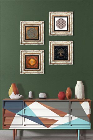 Yaşam Çiçeği, Sri Yantra, Hayat Ağacı Taş Duvar Tablosu Çerçeveli Duvar Dekoru 4 Parça Tablo Seti Wall Art