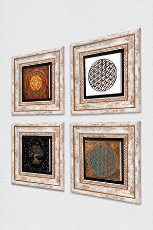 Yaşam Çiçeği, Sri Yantra, Hayat Ağacı Taş Duvar Tablosu Çerçeveli Duvar Dekoru 4 Parça Tablo Seti Wall Art