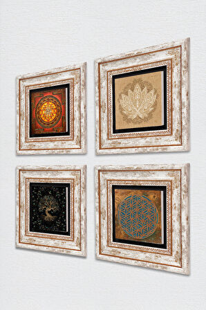 Yaşam Çiçeği, Lotus Çiçeği, Sri Yantra, Hayat Ağacı Taş Duvar Tablosu Çerçeveli Duvar Dekoru 4 Parça Tablo Seti Wall Art