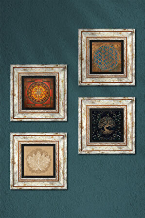 Yaşam Çiçeği, Lotus Çiçeği, Sri Yantra, Hayat Ağacı Taş Duvar Tablosu Çerçeveli Duvar Dekoru 4 Parça Tablo Seti Wall Art