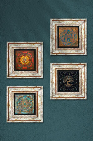 Yaşam Çiçeği, Sri Yantra, Hayat Ağacı Taş Duvar Tablosu Çerçeveli Duvar Dekoru 4 Parça Tablo Seti Wall Art