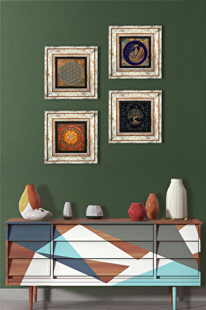 Yaşam Çiçeği, Tavus Kuşu, Sri Yantra, Hayat Ağacı Taş Duvar Tablosu Çerçeveli Duvar Dekoru 4 Parça Tablo Seti Wall Art