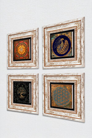 Yaşam Çiçeği, Tavus Kuşu, Sri Yantra, Hayat Ağacı Taş Duvar Tablosu Çerçeveli Duvar Dekoru 4 Parça Tablo Seti Wall Art