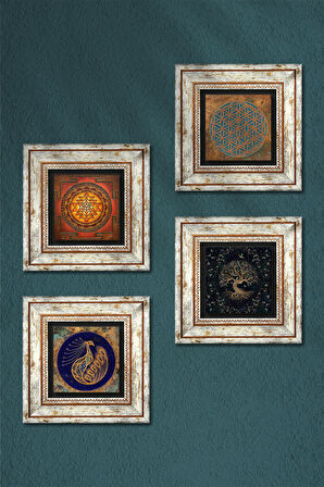 Yaşam Çiçeği, Tavus Kuşu, Sri Yantra, Hayat Ağacı Taş Duvar Tablosu Çerçeveli Duvar Dekoru 4 Parça Tablo Seti Wall Art