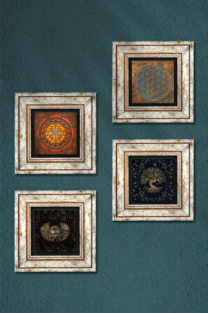 Yaşam Çiçeği, Horus'un Gözü, Sri Yantra, Hayat Ağacı Taş Duvar Tablosu Çerçeveli Duvar Dekoru 4 Parça Tablo Seti Wall Art