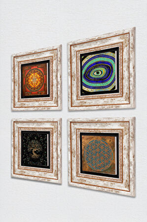 Yaşam Çiçeği, Nazar, Sri Yantra, Hayat Ağacı Taş Duvar Tablosu Çerçeveli Duvar Dekoru 4 Parça Tablo Seti Wall Art