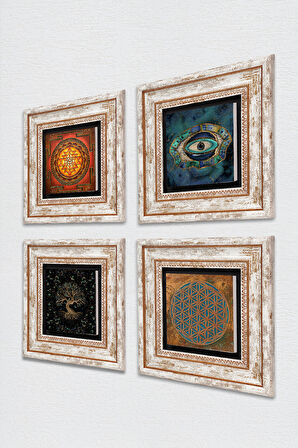 Yaşam Çiçeği, Nazar, Sri Yantra, Hayat Ağacı Taş Duvar Tablosu Çerçeveli Duvar Dekoru 4 Parça Tablo Seti Wall Art