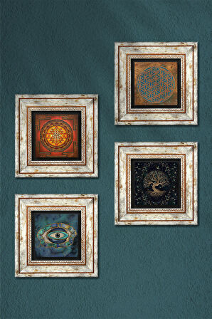 Yaşam Çiçeği, Nazar, Sri Yantra, Hayat Ağacı Taş Duvar Tablosu Çerçeveli Duvar Dekoru 4 Parça Tablo Seti Wall Art
