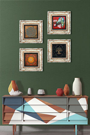 Yaşam Çiçeği, Kuş, Sri Yantra, Hayat Ağacı Taş Duvar Tablosu Çerçeveli Duvar Dekoru 4 Parça Tablo Seti Wall Art