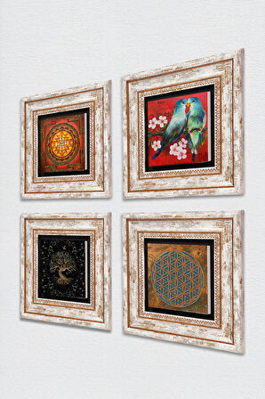 Yaşam Çiçeği, Kuş, Sri Yantra, Hayat Ağacı Taş Duvar Tablosu Çerçeveli Duvar Dekoru 4 Parça Tablo Seti Wall Art