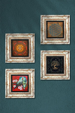Yaşam Çiçeği, Kuş, Sri Yantra, Hayat Ağacı Taş Duvar Tablosu Çerçeveli Duvar Dekoru 4 Parça Tablo Seti Wall Art