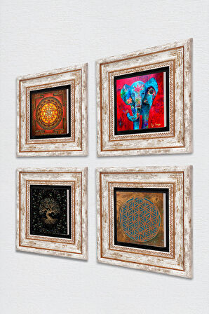 Yaşam Çiçeği, Fil, Sri Yantra, Hayat Ağacı Taş Duvar Tablosu Çerçeveli Duvar Dekoru 4 Parça Tablo Seti Wall Art