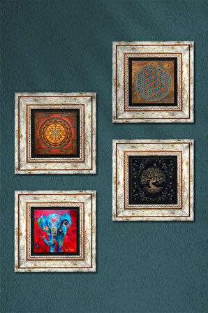 Yaşam Çiçeği, Fil, Sri Yantra, Hayat Ağacı Taş Duvar Tablosu Çerçeveli Duvar Dekoru 4 Parça Tablo Seti Wall Art