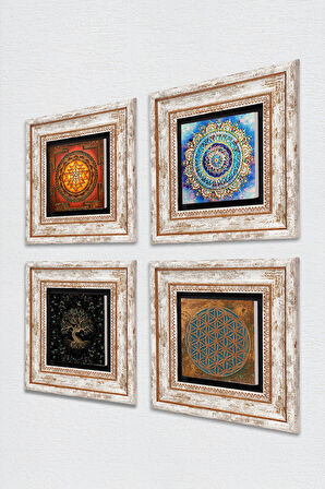 Yaşam Çiçeği, Mandala, Sri Yantra, Hayat Ağacı Taş Duvar Tablosu Çerçeveli Duvar Dekoru 4 Parça Tablo Seti Wall Art