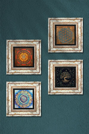 Yaşam Çiçeği, Mandala, Sri Yantra, Hayat Ağacı Taş Duvar Tablosu Çerçeveli Duvar Dekoru 4 Parça Tablo Seti Wall Art