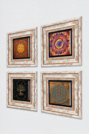 Yaşam Çiçeği, Mandala, Sri Yantra, Hayat Ağacı Taş Duvar Tablosu Çerçeveli Duvar Dekoru 4 Parça Tablo Seti Wall Art