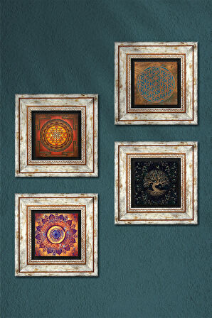 Yaşam Çiçeği, Mandala, Sri Yantra, Hayat Ağacı Taş Duvar Tablosu Çerçeveli Duvar Dekoru 4 Parça Tablo Seti Wall Art