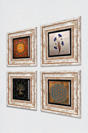 Yaşam Çiçeği, Ebru Sanatı, Sri Yantra, Hayat Ağacı Taş Duvar Tablosu Çerçeveli Duvar Dekoru 4 Parça Tablo Seti Wall Art