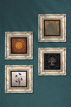Yaşam Çiçeği, Ebru Sanatı, Sri Yantra, Hayat Ağacı Taş Duvar Tablosu Çerçeveli Duvar Dekoru 4 Parça Tablo Seti Wall Art