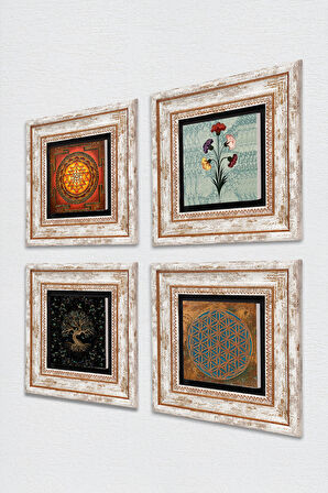 Yaşam Çiçeği, Ebru Sanatı, Sri Yantra, Hayat Ağacı Taş Duvar Tablosu Çerçeveli Duvar Dekoru 4 Parça Tablo Seti Wall Art