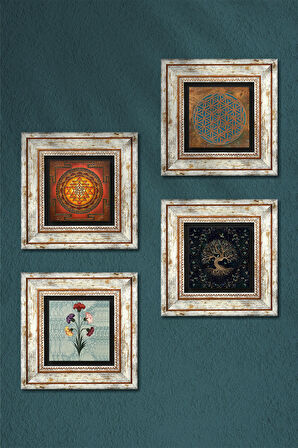 Yaşam Çiçeği, Ebru Sanatı, Sri Yantra, Hayat Ağacı Taş Duvar Tablosu Çerçeveli Duvar Dekoru 4 Parça Tablo Seti Wall Art