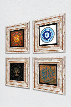 Yaşam Çiçeği, Nazar, Sri Yantra, Hayat Ağacı Taş Duvar Tablosu Çerçeveli Duvar Dekoru 4 Parça Tablo Seti Wall Art
