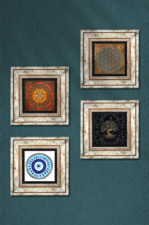 Yaşam Çiçeği, Nazar, Sri Yantra, Hayat Ağacı Taş Duvar Tablosu Çerçeveli Duvar Dekoru 4 Parça Tablo Seti Wall Art