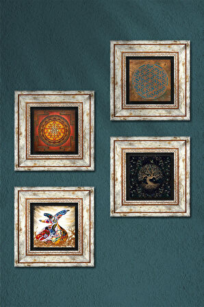 Yaşam Çiçeği, Sri Yantra, Hayat Ağacı, Semazen Taş Duvar Tablosu Çerçeveli Duvar Dekoru 4 Parça Tablo Seti Wall Art