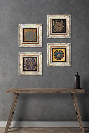 Sri Yantra, Yaşam Çiçeği, Nazar Taş Duvar Tablosu Çerçeveli Duvar Dekoru 4 Parça Tablo Seti Wall Art