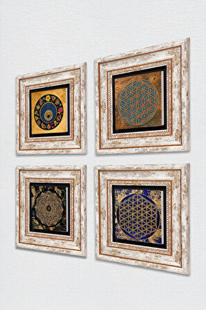 Sri Yantra, Yaşam Çiçeği, Nazar Taş Duvar Tablosu Çerçeveli Duvar Dekoru 4 Parça Tablo Seti Wall Art