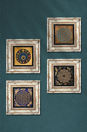 Sri Yantra, Yaşam Çiçeği, Nazar Taş Duvar Tablosu Çerçeveli Duvar Dekoru 4 Parça Tablo Seti Wall Art